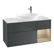 V&B Meuble sous lavabo Finion 120 cm, blanc mat, rangement ouvert, miroir avec éclairage