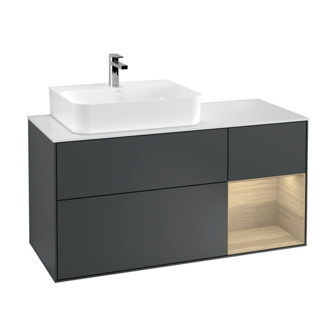 V&B Meuble sous-lavabo Finion 120 cm, blanc mat, rangement ouvert, miroir avec éclairage