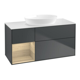 V&B Meuble sous-lavabo Finion 120 cm, blanc mat, rangement ouvert, miroir avec éclairage