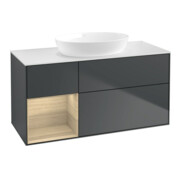 V&B Meuble sous-lavabo Finion 120 cm, blanc mat, rangement ouvert, miroir avec éclairage