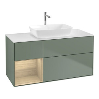 V&B Meuble sous lavabo Finion 120 cm, blanc mat, rangement ouvert, olivier mat laqué