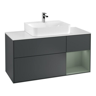 V&B Meuble sous lavabo Finion 120 cm, blanc mat, rangement ouvert, olivier mat laqué