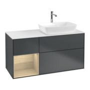 V&B Meuble sous lavabo Finion 120 cm, blanc mat, rangement ouvert, poignée métal laqué bleu