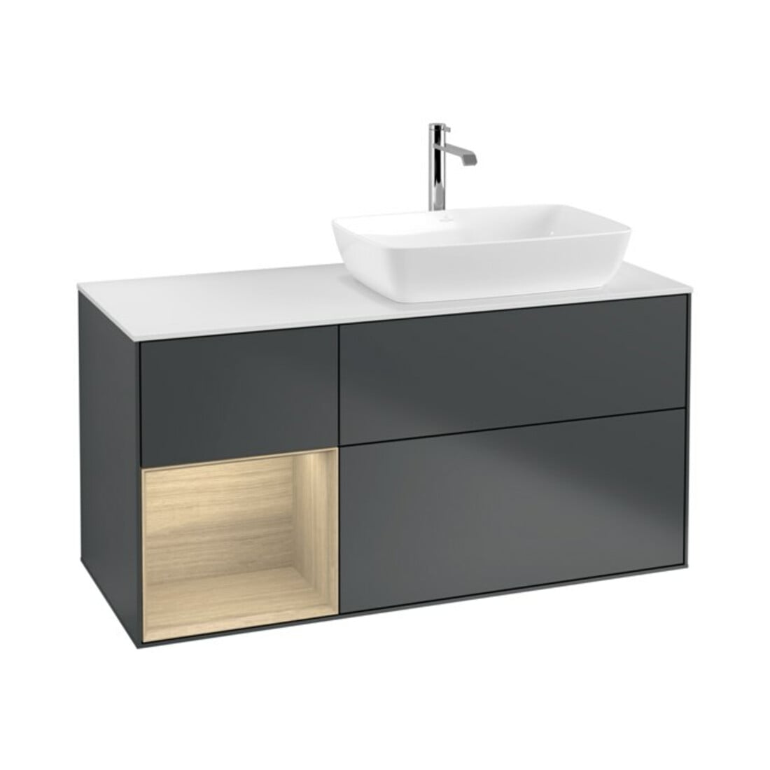 V&B Meuble sous lavabo Finion 120 cm, blanc mat, rangement ouvert, poignée métal laqué bleu