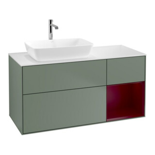 V&B Meuble sous lavabo Finion 120 cm, blanc mat, rangement Peo mat laqué, olivier mat laqué