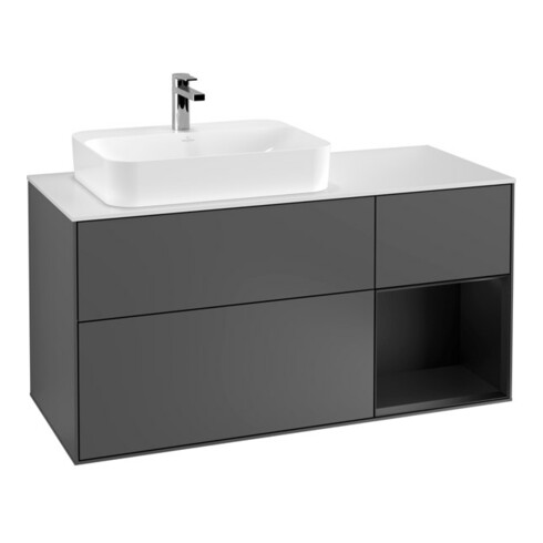V&B Meuble sous-lavabo Finion 120 cm, blanc mat, rangement rabattable, anthracite mat
