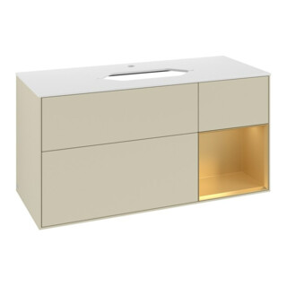 V&B Meuble sous lavabo Finion 120 cm, blanc mat, rangement réglable, gris mat laqué