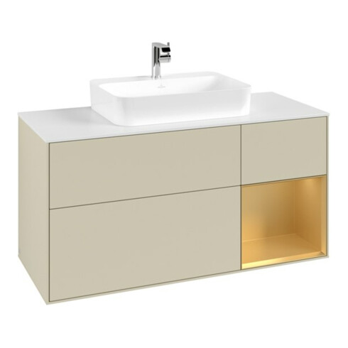 V&B Meuble sous lavabo Finion 120 cm, blanc mat, rangement réglable, gris mat laqué