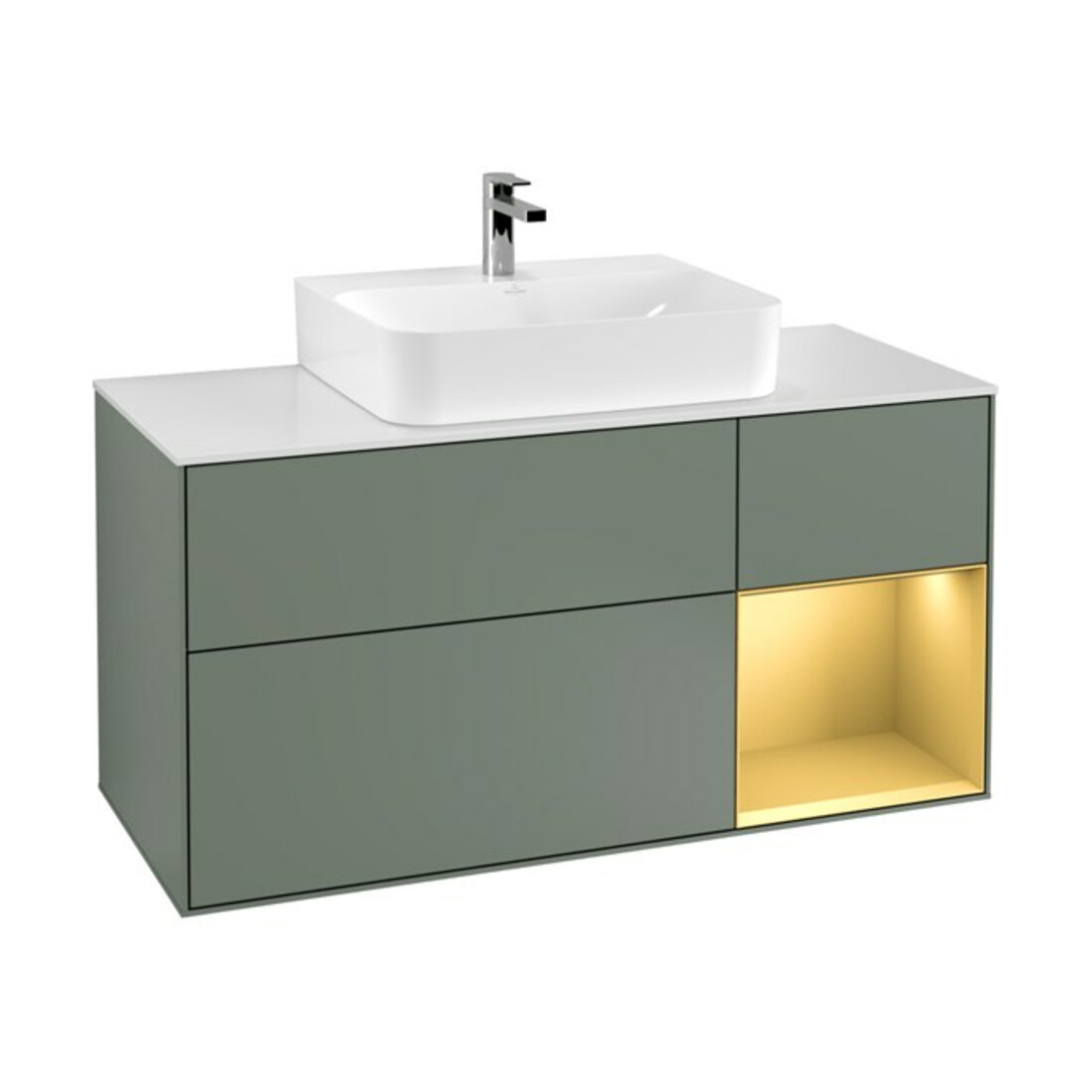 V&B Meuble sous lavabo Finion 120 cm, blanc mat, rangement réglable, olivier mat laqué