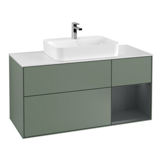 V&B Meuble sous-lavabo Finion 120 cm, blanc mat, rangement rouge médium brillant, olivier mat laqué