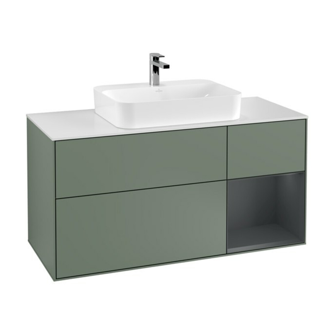 V&B Meuble sous-lavabo Finion 120 cm, blanc mat, rangement rouge médium brillant, olivier mat laqué