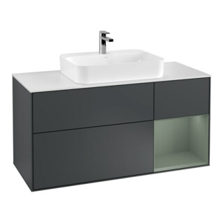 V&B Meuble sous lavabo Finion 120 cm, blanc mat, rangement rouleau, olivier mat, poignée laiton