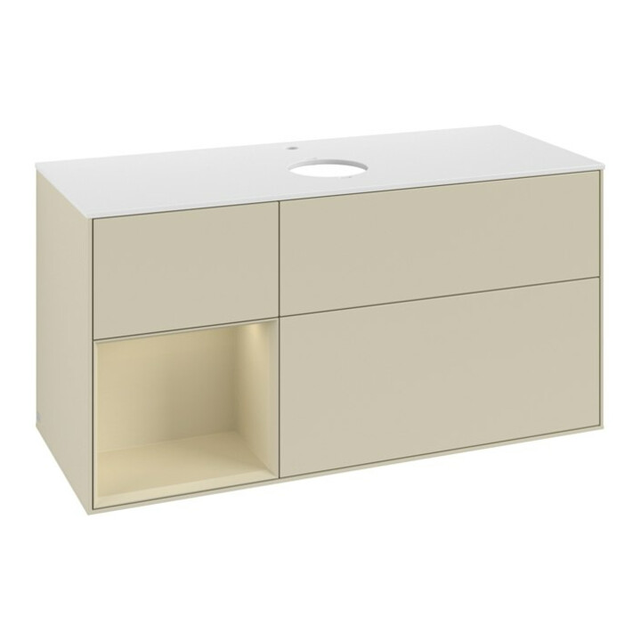 V&B Meuble sous-lavabo Finion 120 cm, blanc mat, rangement simple, gris mat laqué