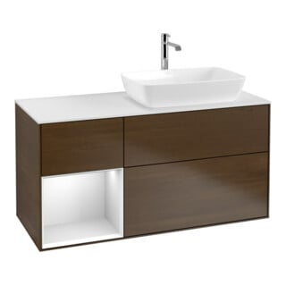 V&B Meuble sous-lavabo Finion 120 cm, blanc mat, réglette blanche mat, placage noyer veneer