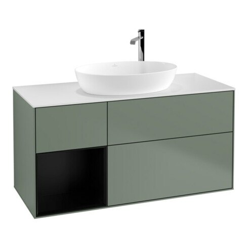 V&B Meuble sous lavabo Finion 120 cm, blanc mat, réglette bleue mat laquée, olivier mat laqué