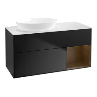 V&B Meuble sous lavabo Finion 120 cm, blanc mat, réglette bois noyer verni, bleu mat laqué