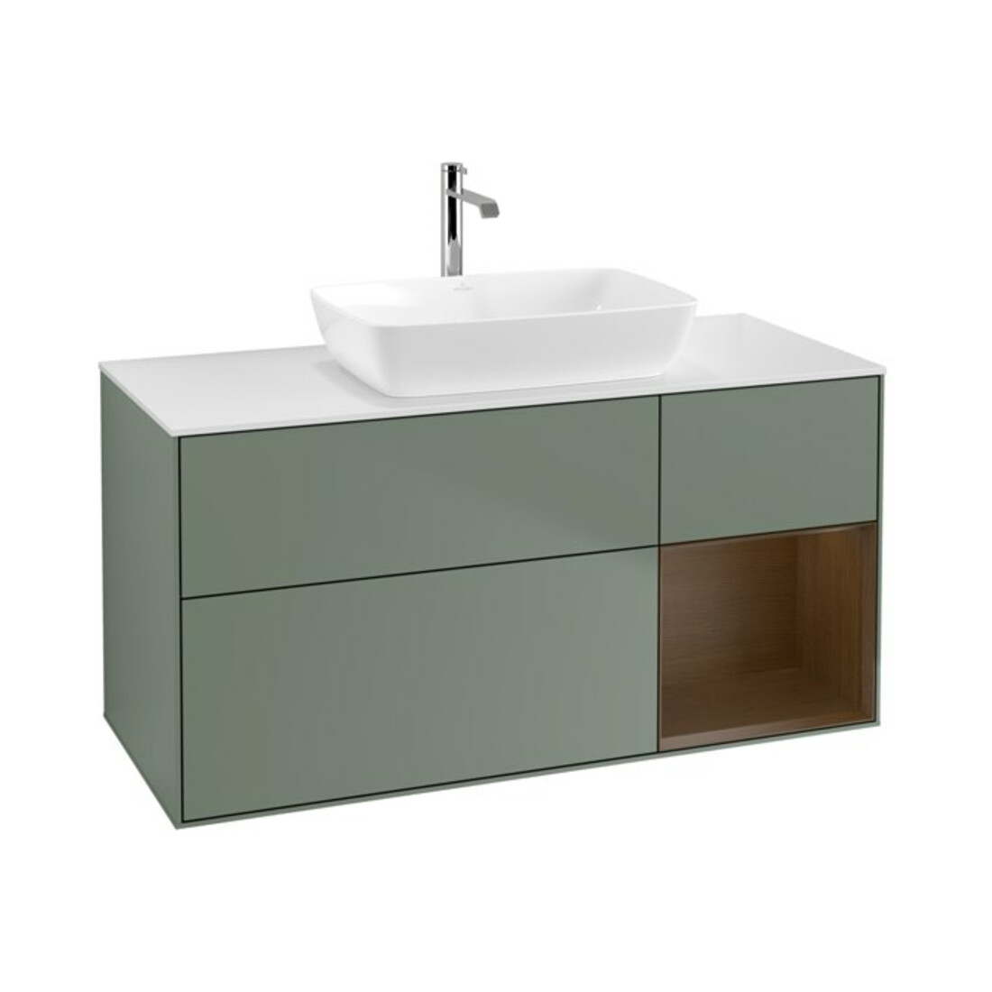 V&B Meuble sous-lavabo Finion 120 cm, blanc mat, réglette chêne, poignée laquée
