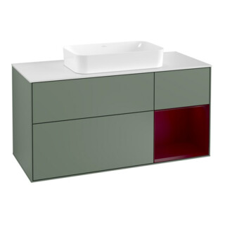 V&B Meuble sous lavabo Finion 120 cm, blanc mat, réglette droite, poignée olivier laquée