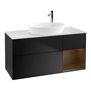 V&B Meuble sous lavabo Finion 120 cm, blanc mat, réglette en noyer, bleu mat laqué