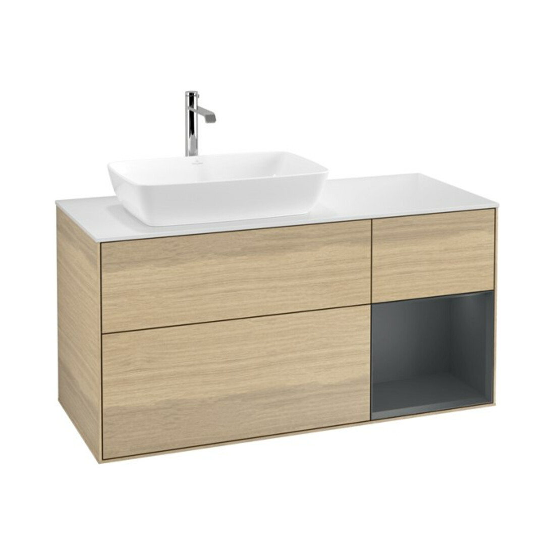 V&B Meuble sous-lavabo Finion 120 cm, blanc mat, réglette LED, finition laque, ouverture ven