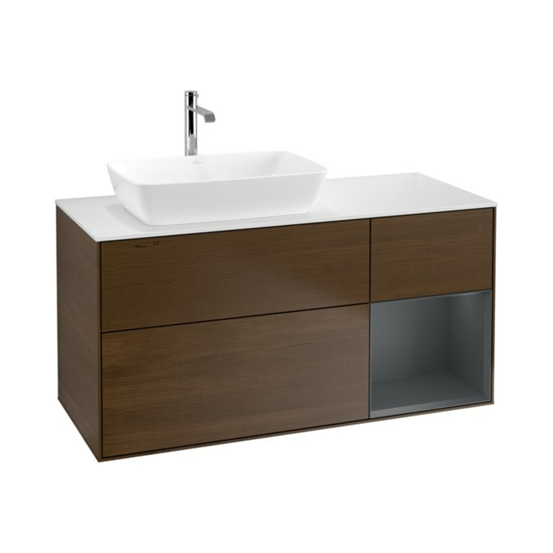 V&B Meuble sous lavabo Finion 120 cm, blanc mat, réglette médium mat laqué, noyer veinée