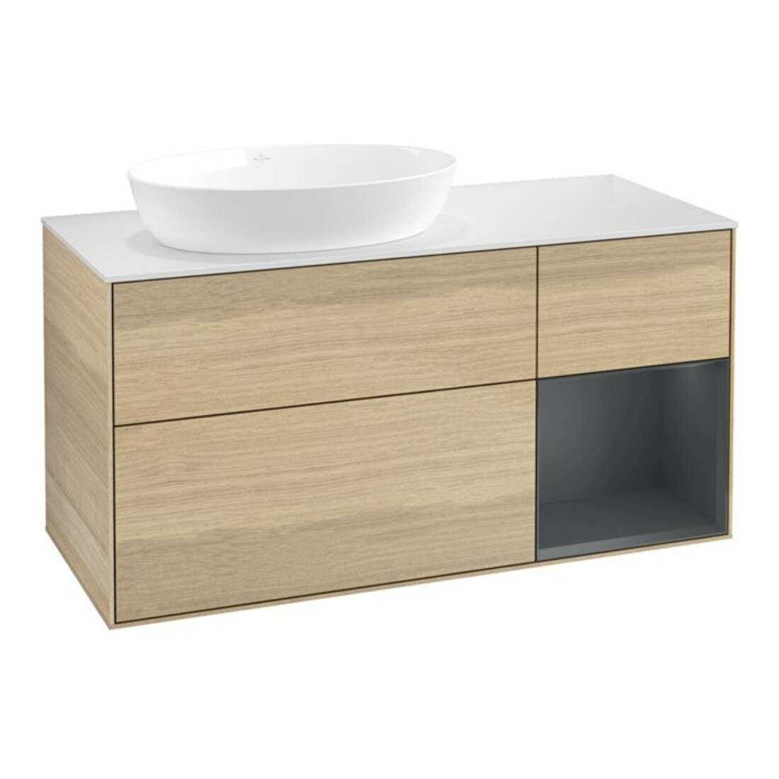 V&B Meuble sous lavabo Finion 120 cm, blanc mat, réglette médium mat, ouverture ventail