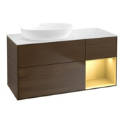 V&B Meuble sous lavabo Finion 120 cm, blanc mat, réglette or mat, noyer veinée-1