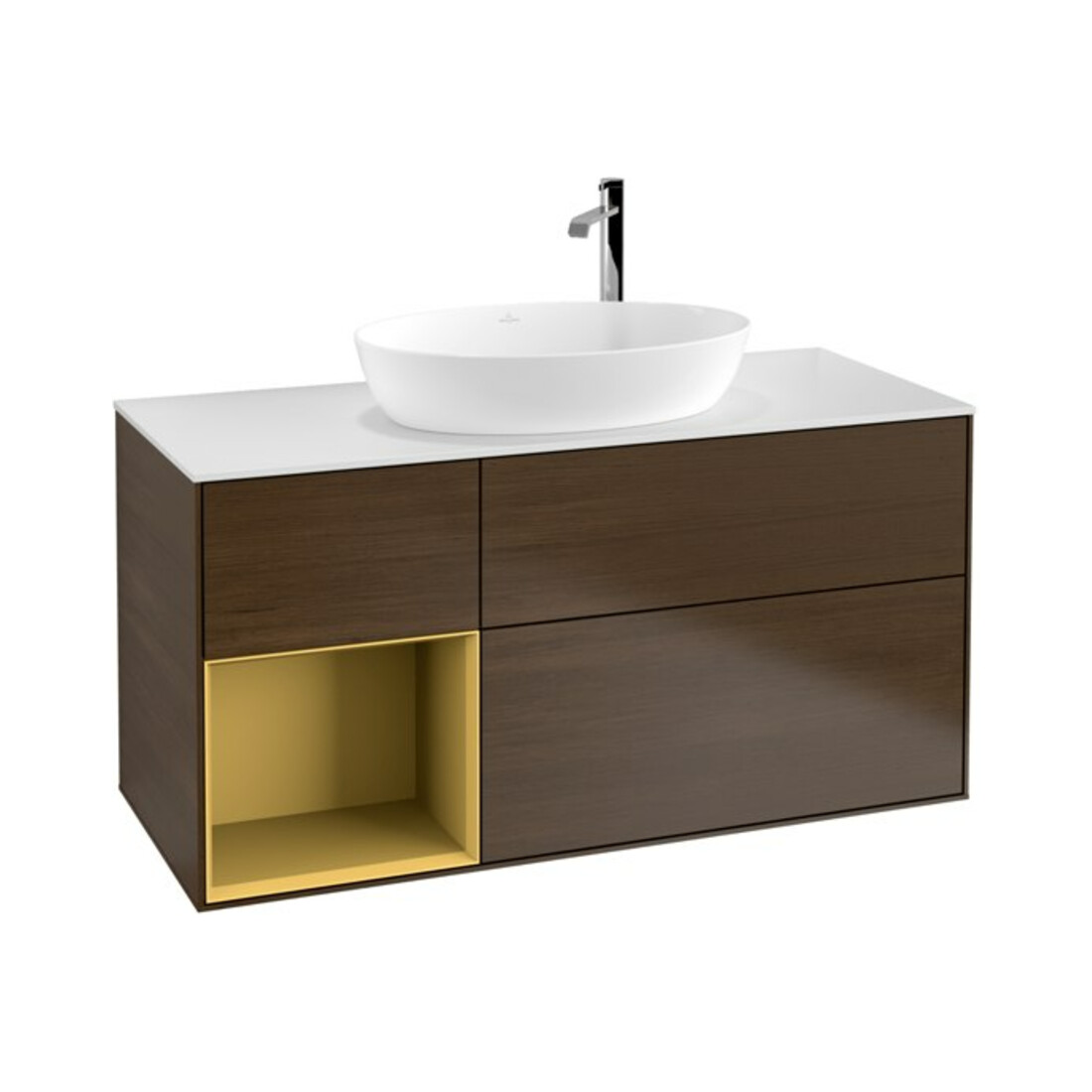 V&B Meuble sous lavabo Finion 120 cm, blanc mat, réglette or mat, noyer veinée