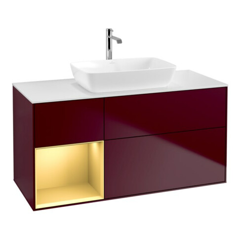 V&B Meuble sous lavabo Finion 120 cm, blanc mat, réglette or mat, poignée m