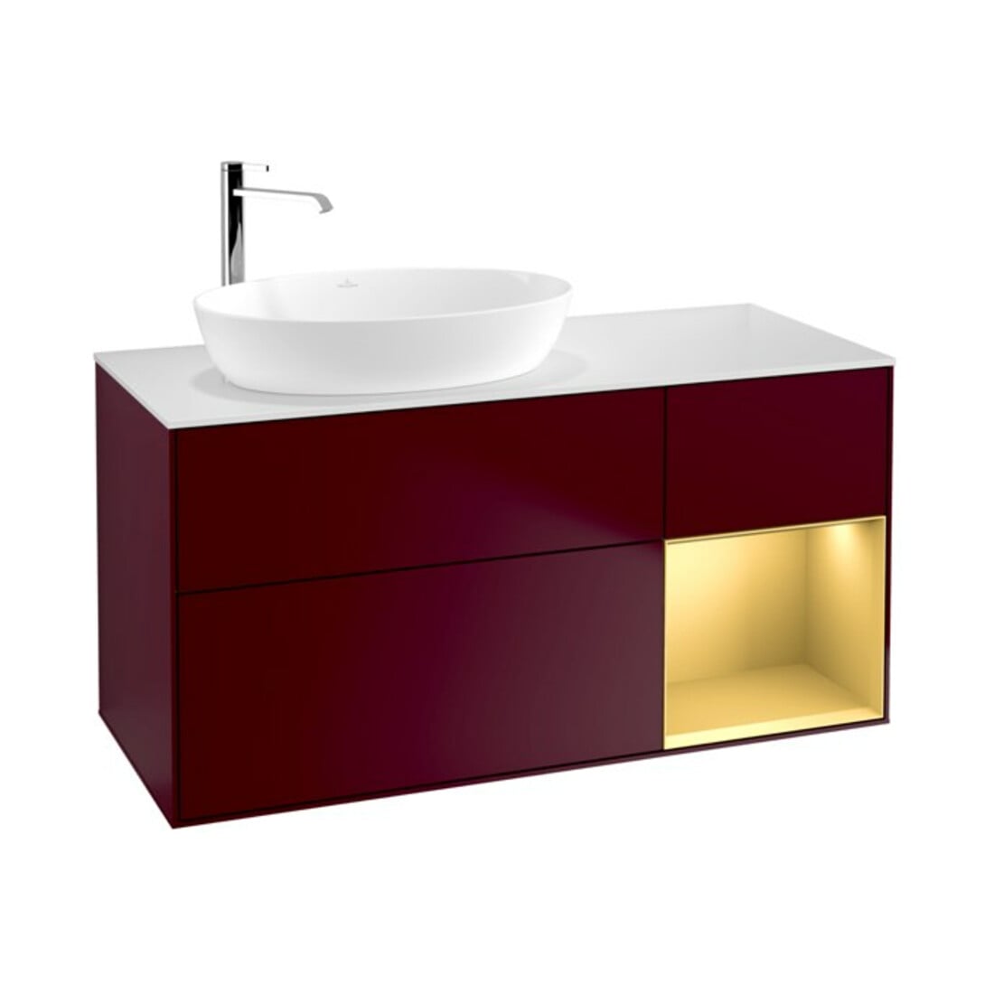 V&B Meuble sous lavabo Finion 120 cm, blanc mat, réglette or mat, poignée m