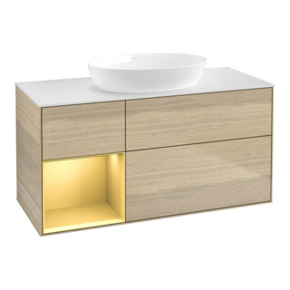 V&B Meuble sous-lavabo Finion 120 cm, blanc mat, réglette or mat, venis ouvert