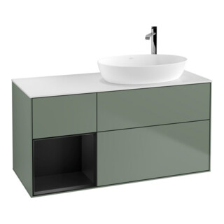 V&B Meuble sous lavabo Finion 120 cm, blanc mat, régulateur bleu mat laqué, olivier mat laqué
