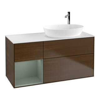 V&B Meuble sous lavabo Finion 120 cm, blanc mat, régulateur huile, laqué, noyer veinée
