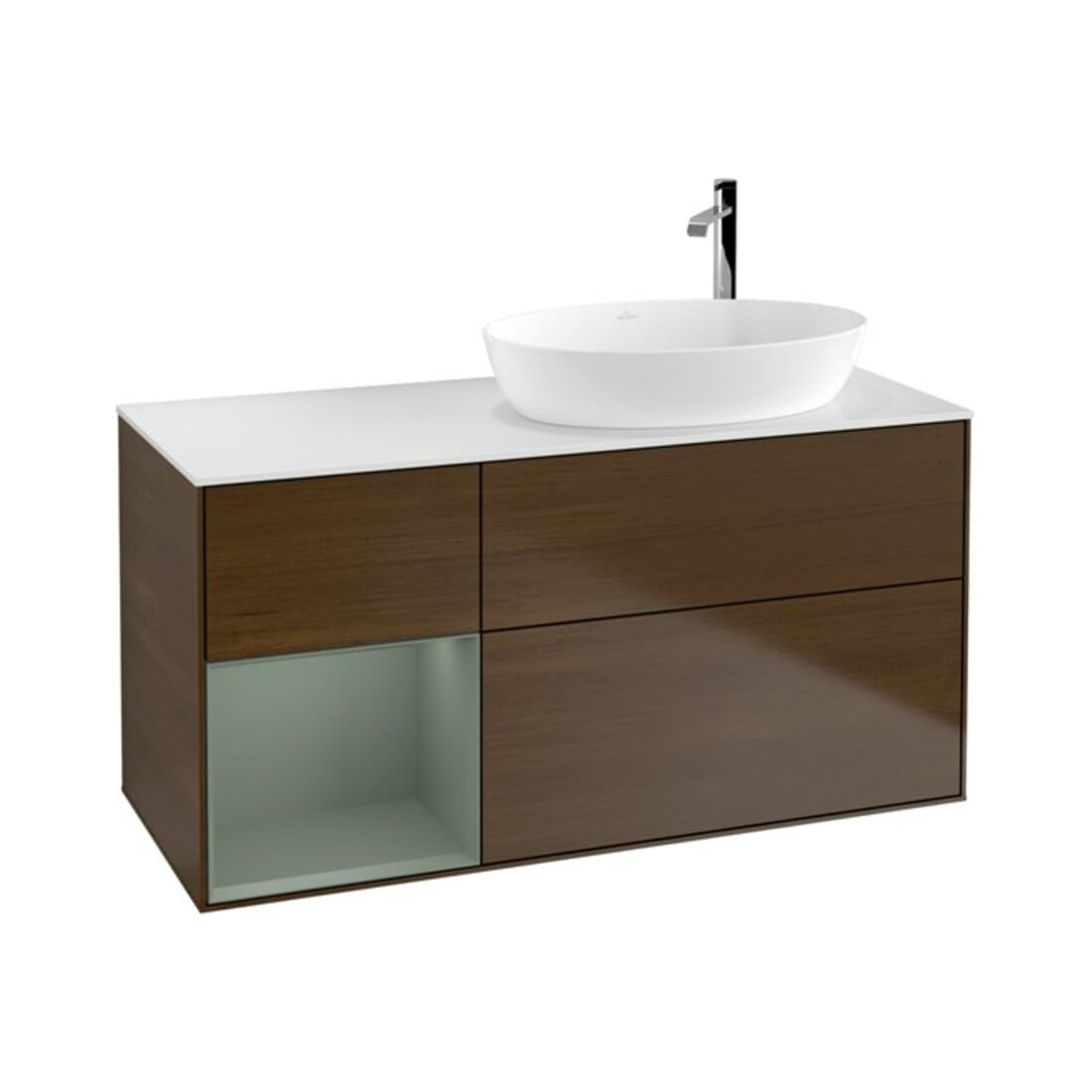 V&B Meuble sous lavabo Finion 120 cm, blanc mat, régulateur huile, laqué, noyer veinée