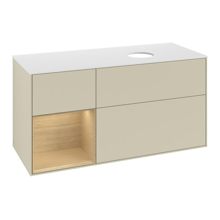 V&B Meuble sous-lavabo Finion 120 cm, blanc mat, régulateur Oa ven, gris clair mat Lac