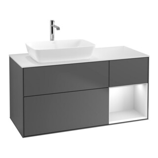 V&B Meuble sous-lavabo Finion 120 cm, blanc mat, tablette blanche laquée, anthracite mat