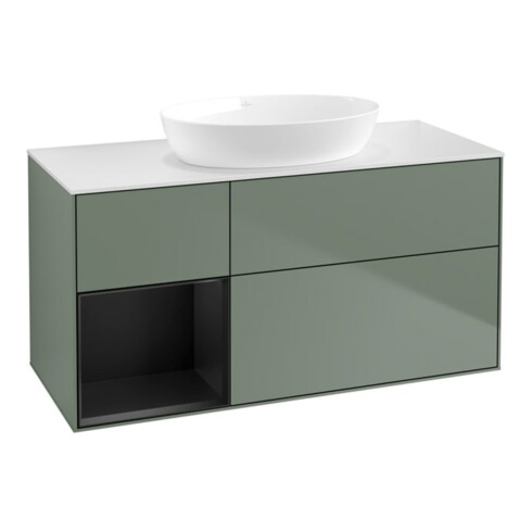 V&B Meuble sous-lavabo Finion 120 cm, blanc mat, tablette bleue mate laquée, olivier mat laqué