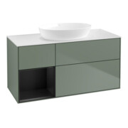 V&B Meuble sous-lavabo Finion 120 cm, blanc mat, tablette bleue mate laquée, olivier mat laqué