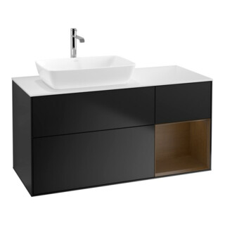 V&B Meuble sous lavabo Finion 120 cm, blanc mat, tablette noyer veiné, laqué mat