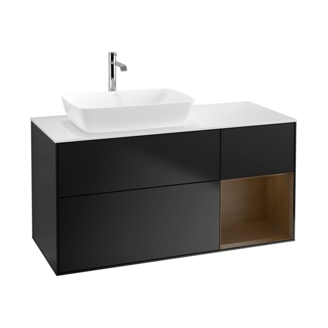 V&B Meuble sous lavabo Finion 120 cm, blanc mat, tablette noyer veiné, laqué mat