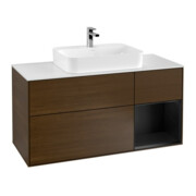 V&B Meuble sous lavabo Finion 120 cm, blanc mat, tiroir à droite, bleu mat laqué, noyer veiné