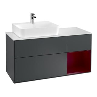 V&B Meuble sous lavabo Finion 120 cm, blanc mat, tiroir à droite, poignée métal bleui laqué