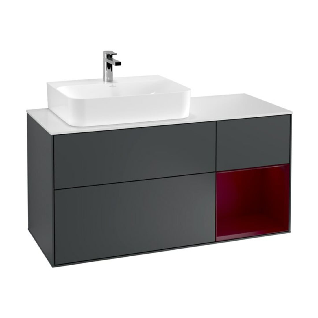 V&B Meuble sous lavabo Finion 120 cm, blanc mat, tiroir à droite, poignée métal bleui laqué