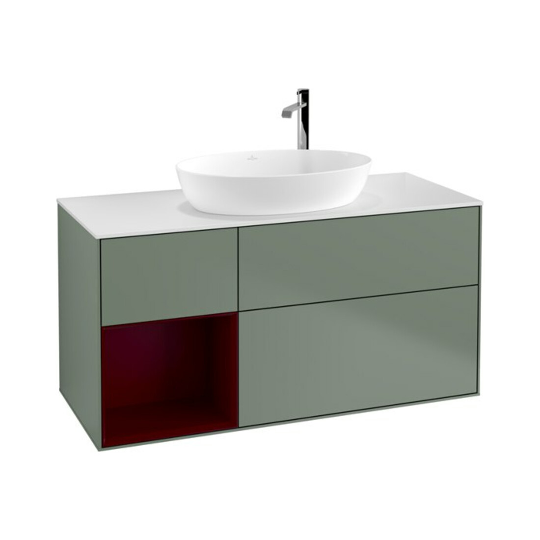 V&B Meuble sous lavabo Finion 120 cm, blanc mat, tiroir avec laque, olivier avec laque
