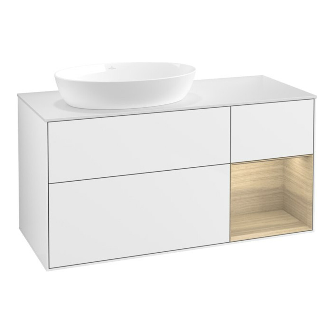 V&B Meuble sous-lavabo Finion 120 cm, blanc mat, tiroir, blanc brillant laqué