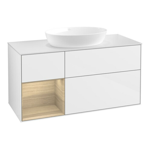 V&B Meuble sous lavabo Finion 120 cm, blanc mat, tiroir, blanc brillant laqué