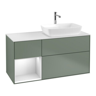 V&B Meuble sous lavabo Finion 120 cm, blanc mat, tiroir blanc laqué, poignée métal laqué