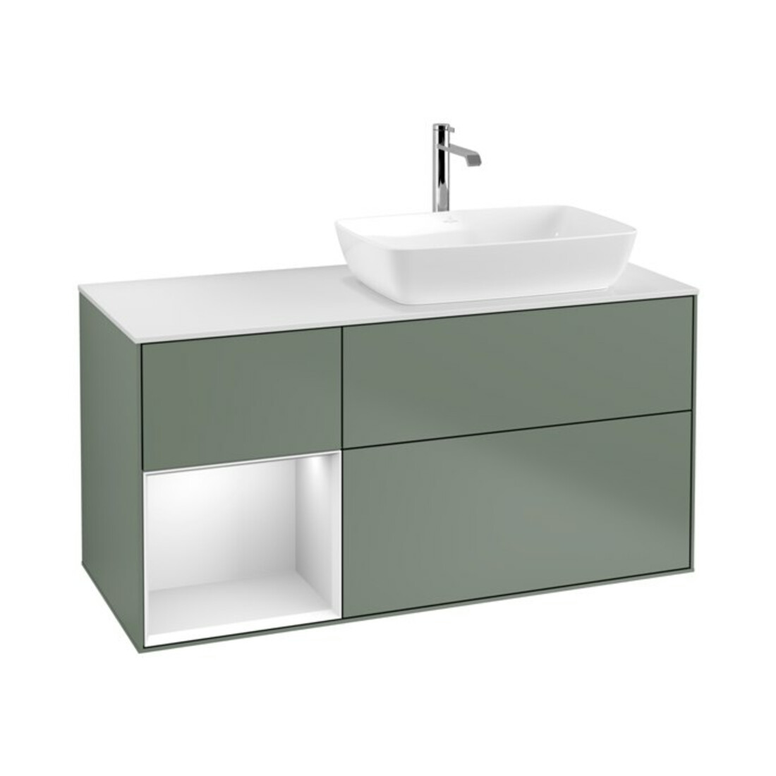 V&B Meuble sous lavabo Finion 120 cm, blanc mat, tiroir blanc laqué, poignée métal laqué