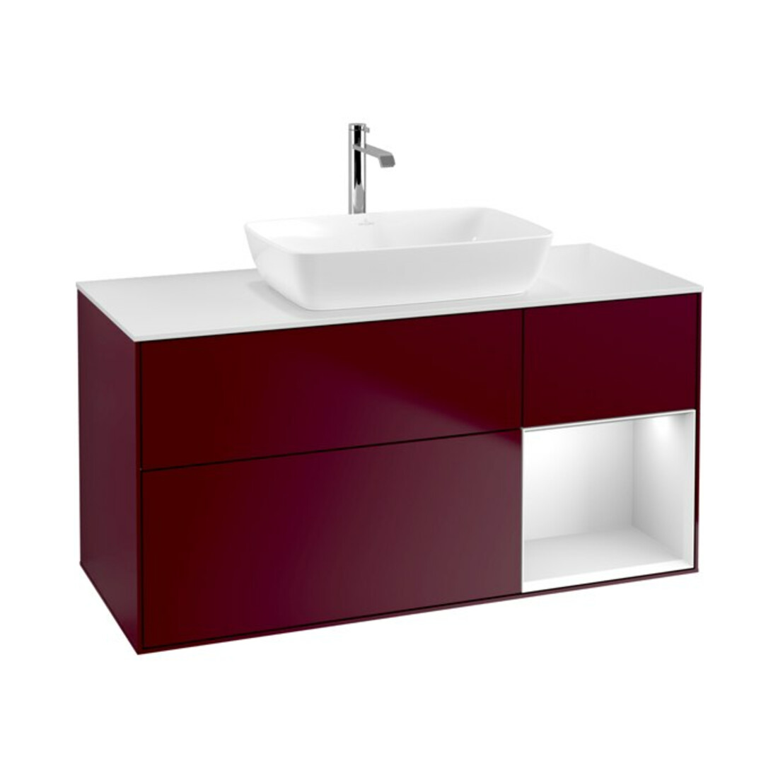 V&B Meuble sous lavabo Finion 120 cm, blanc mat, tiroir blanc mat, poignée métal