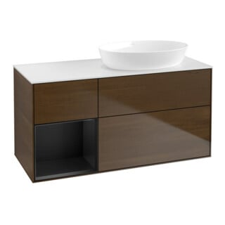 V&B Meuble sous lavabo Finion 120 cm, blanc mat, tiroir bleu mat laqué, noyer veiné